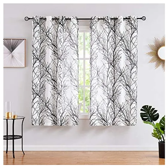 FMFUNCTEX Tree Branch Print Semi-Sheer Curtains — Black