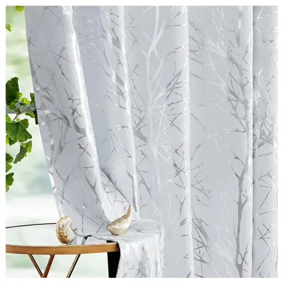 FMFUNCTEX Foil Tree Blackout Curtains — Silver on white