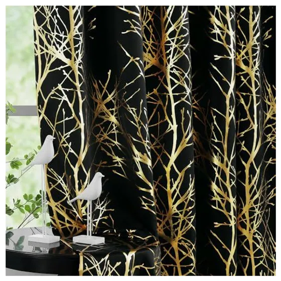 FMFUNCTEX Foil Tree Blackout Curtains — Gold on black