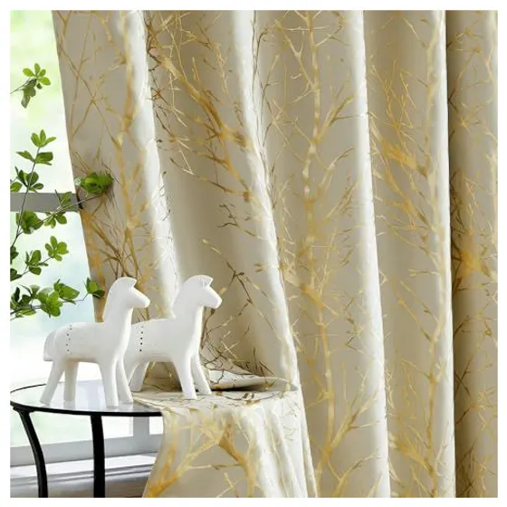 FMFUNCTEX Foil Tree Blackout Curtains — Gold on ivory