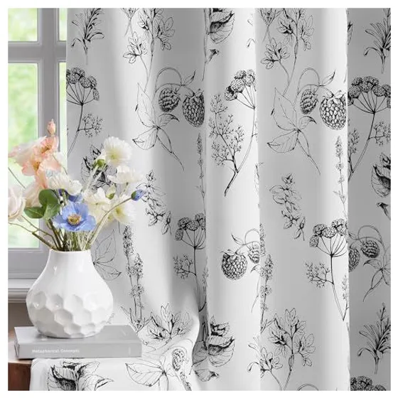 FMFUNCTEX Floral Blackout Curtains — Black, Rod pocket
