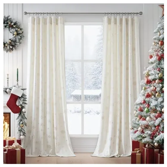 FMFUNCTEX Christmas Snowflake Velvet Curtains — Gold snowflakes on ivory