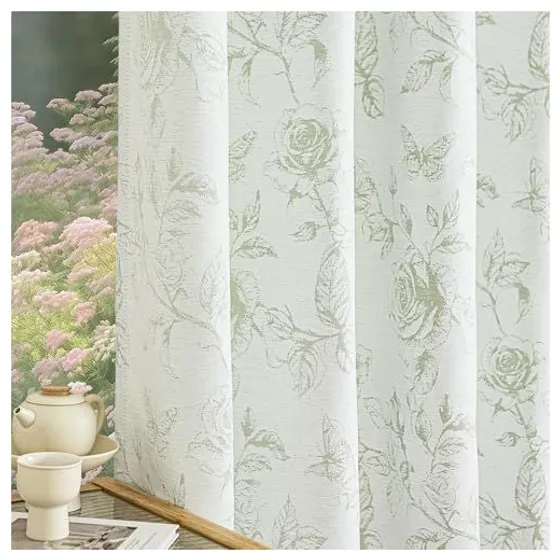 FMFUNCTEX Reversible Rose Jacquard Curtains — Green