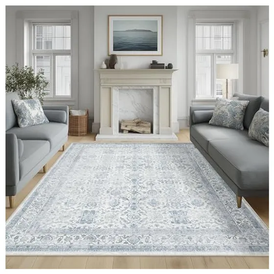FMFUNCTEX Vintage Washable Area Rug — Blue