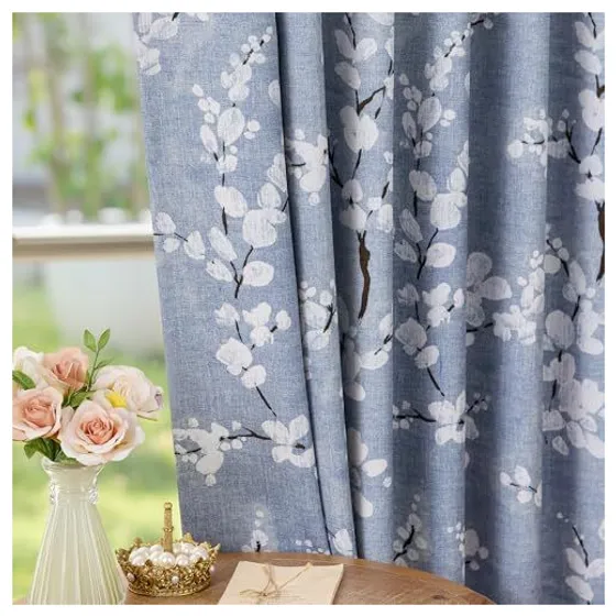 FMFUNCTEX Plum Blossom Blackout Curtains, 3-in-1 Top — Blue