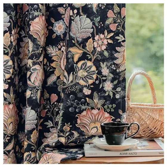 FMFUNCTEX Boho Floral Blackout Curtains — Black