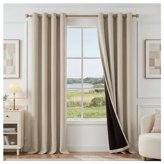 FMFUNCTEX 100% Blackout Curtains — Khaki, Grommet