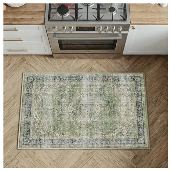 FMFUNCTEX Distressed Vintage Washable Rug — Green