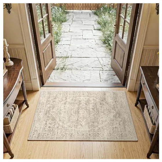 FMFUNCTEX Oriental Washable Rug & Runner — Neutral brown