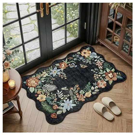FMFUNCTEX Scalloped Floral Washable Rug — Charcoal black