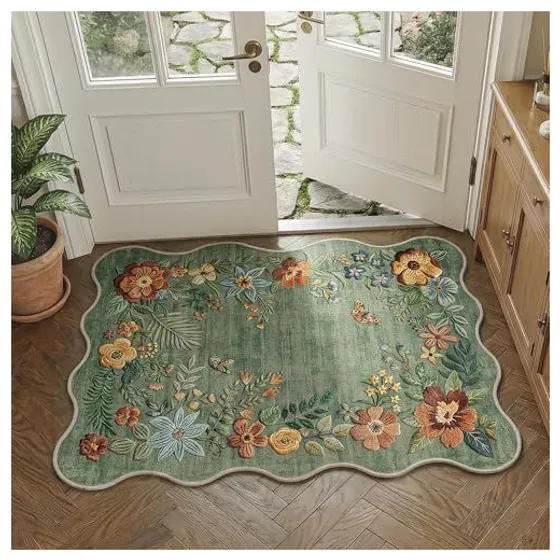 FMFUNCTEX Scalloped Floral Washable Rug — Green
