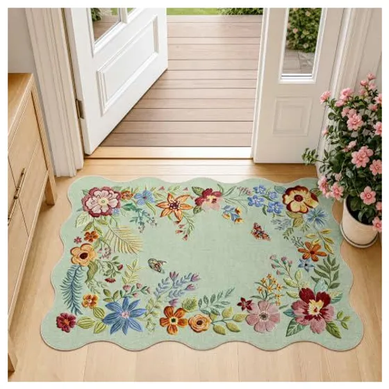 FMFUNCTEX Scalloped Floral Washable Rug — Mint green